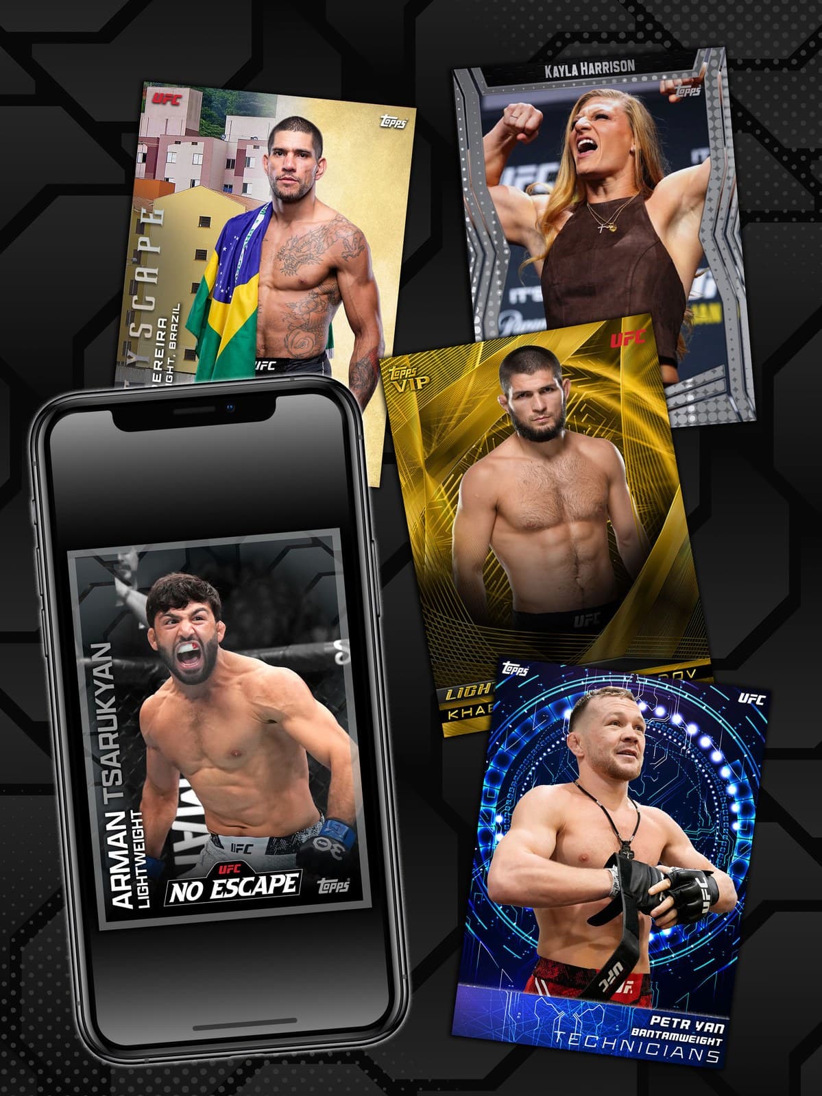 UFC Collect cards on a phone: Arman Tsarukyan No Escape, with Alex Pereira, Kayla Harrison, Khabib Nurmagomedov VIP and Petr Yan Technicians cards