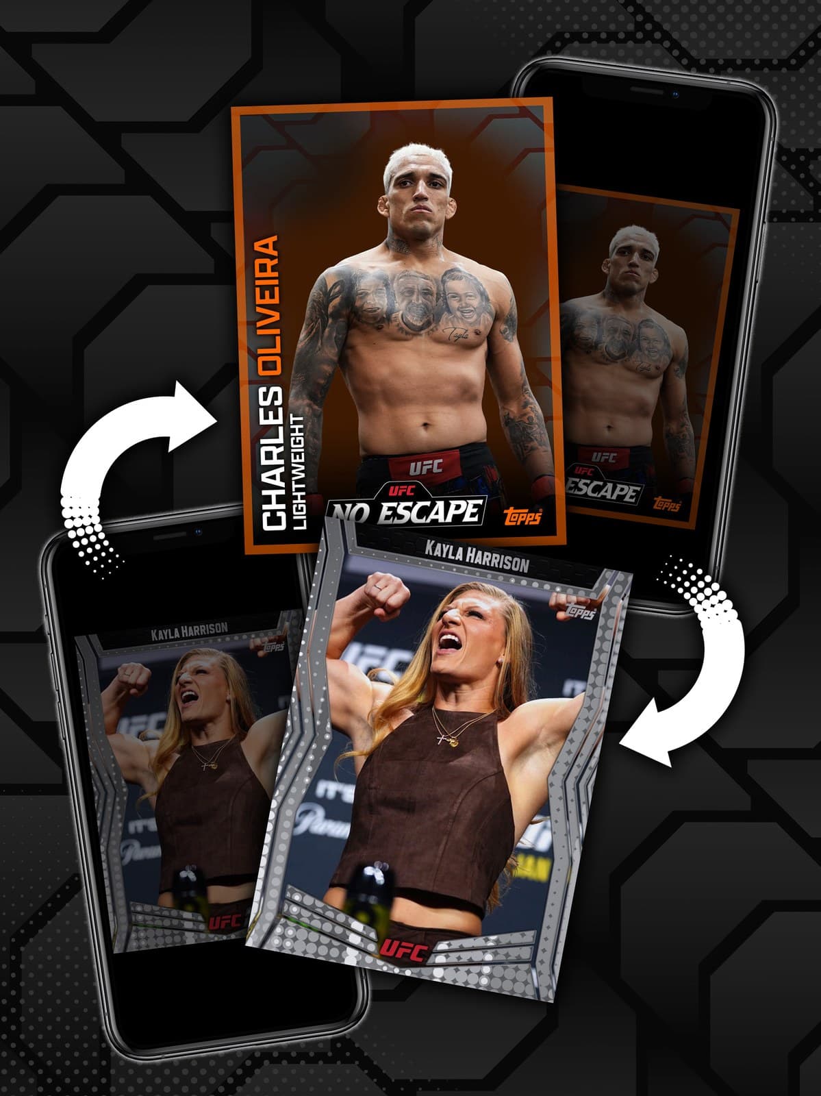 Two phones trading UFC Collect cards of Charles Oliveira and Kayla Harrison, with swap arrows between them